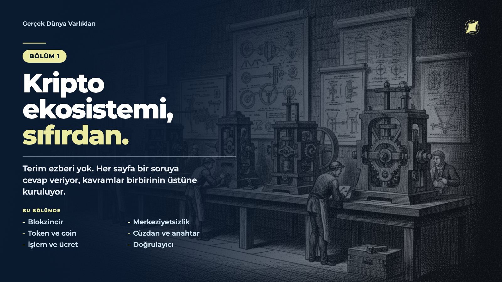 Kripto ekosistemi, sıfırdan · Bölüm 1: blokzincir, merkeziyetsizlik, token ve coin, cüzdan ve anahtar, işlem ve ücret, doğrulayıcı